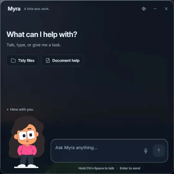 Screenshot of Myra’s Windows app, showing her welcome screen and chat input